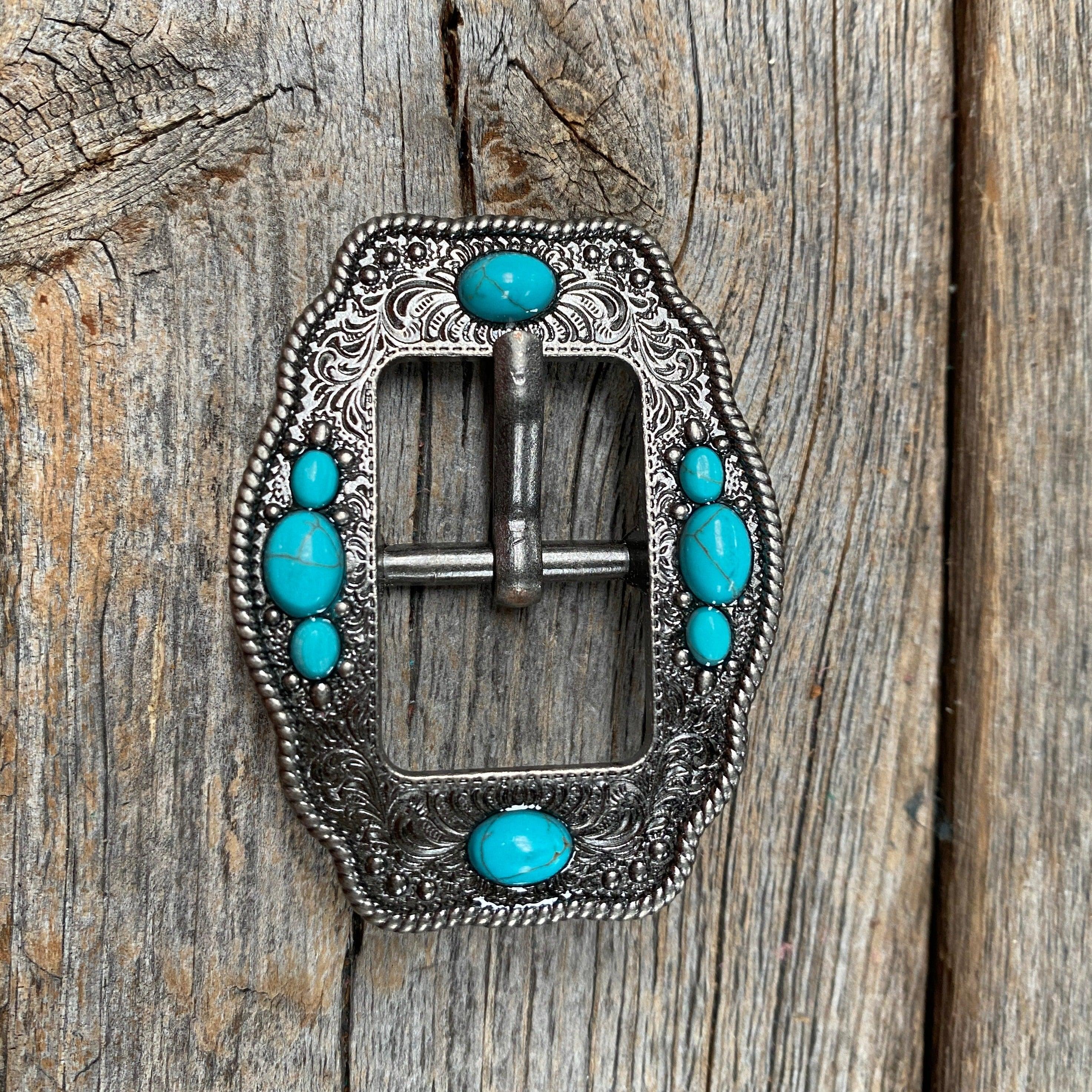 Antique Silver Cart Buckle with Turquoise Stones W198B - RODEO DRIVE