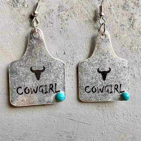 Cowgirl Cow Tag Dangle Silver Fashion Earrings WA161 - RODEO DRIVE