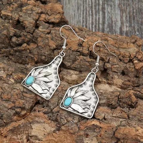 Turquoise Cow Tag Fashion Earrings WA110 - RODEO DRIVE