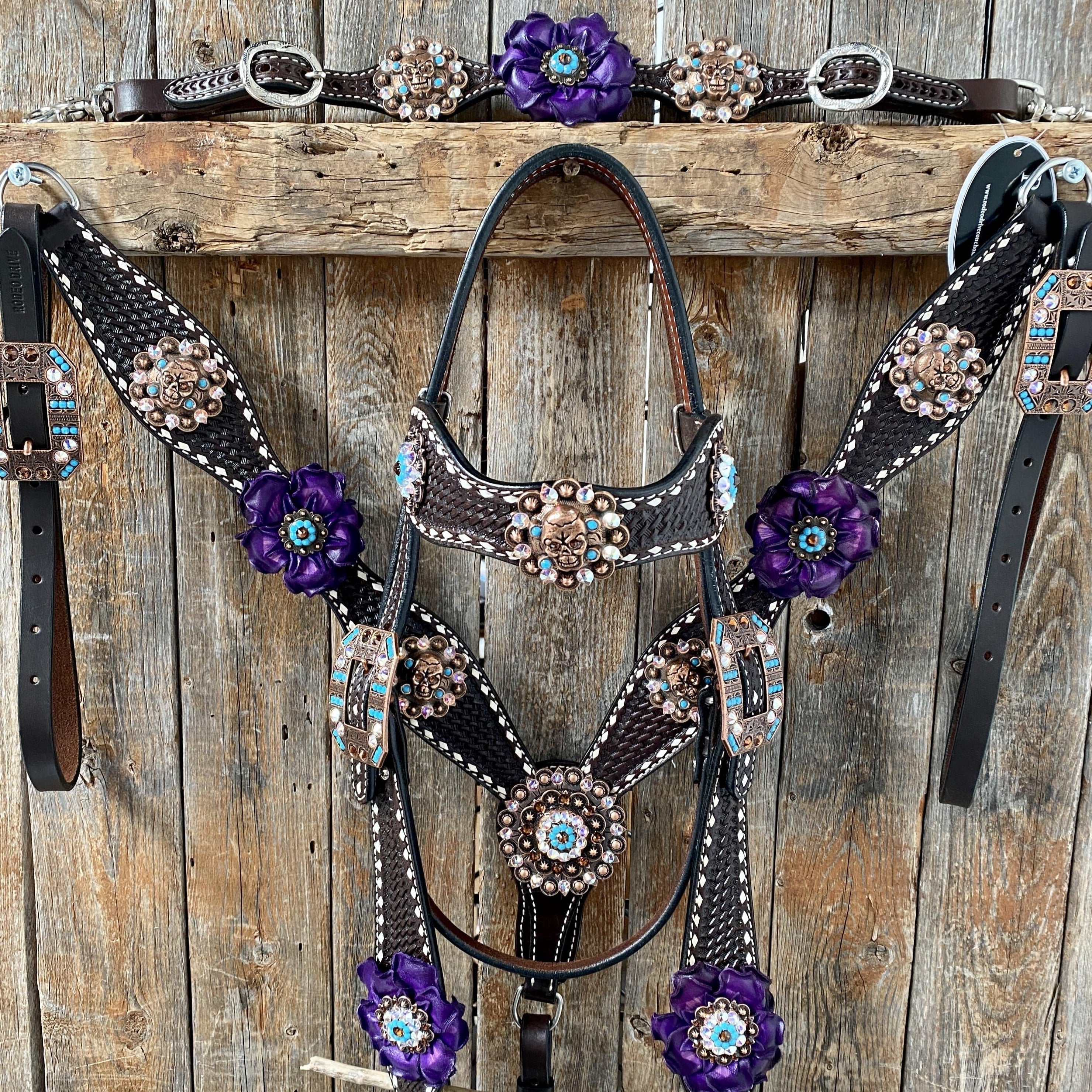 Designer Tack Dark Oil Purple Skull Browband - Breastcollar - Witherstrap Set