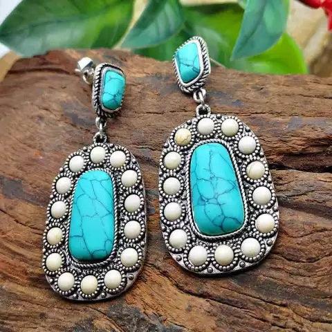 Turquoise and White Dangle Silver Fashion Earrings WA104 - RODEO DRIVE