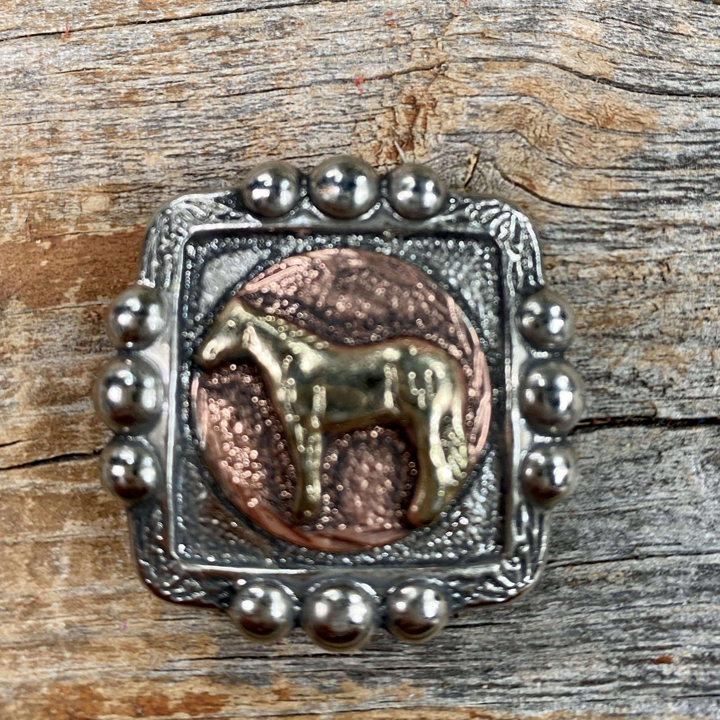 Western Conchos Antique Silver Square Concho with Gold Horse 1.5