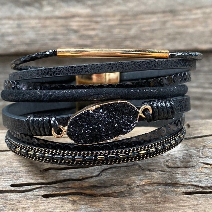 Black Stone and Leather Fashion Bracelet XI134