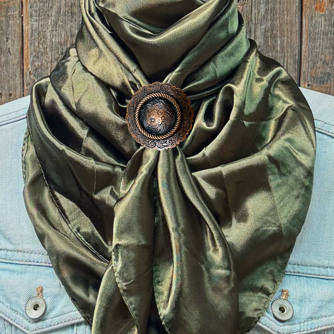 35X35" Solid Olive Wild Rag / Scarf WRS28 - Western Concho Wild Rag Slides - Assorted