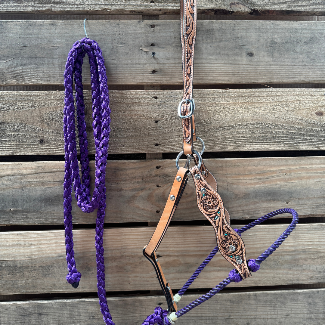 Purple Floral Tooled Lariat & Leather Combo Halter
