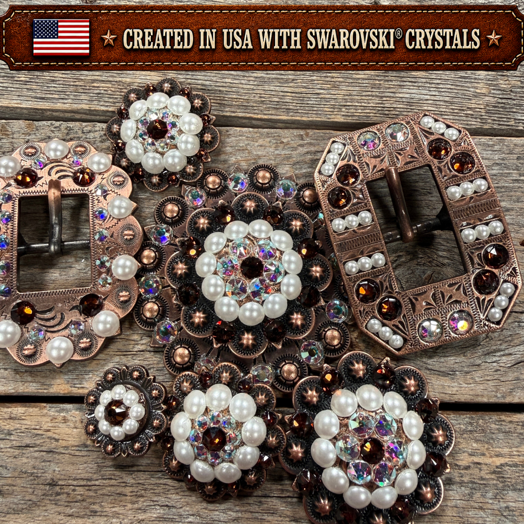 Copper Topaz - AB - Pearl Crystal Conchos | Sizes 1"- 3" | Buckles | Saddle Set | Leather Rosettes | Slide