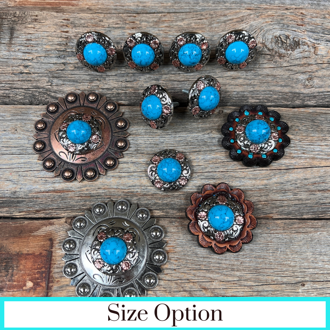 Antique Silver Turquoise Copper Floral Western Concho W222