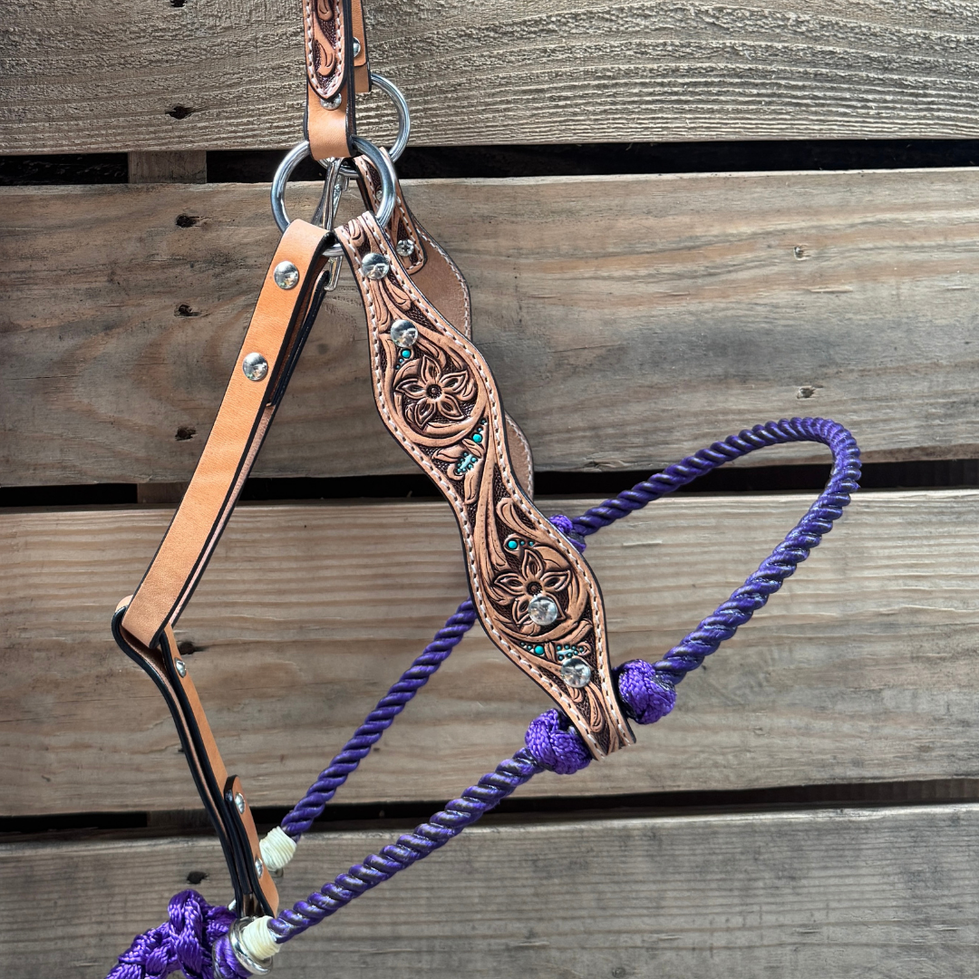 Purple Floral Tooled Lariat & Leather Combo Halter