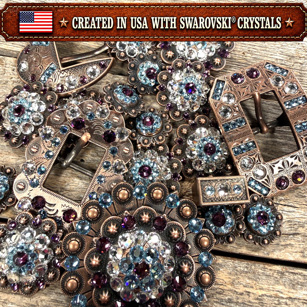 Copper Amethyst - Aqua - Clear Crystal Conchos | Sizes 1"- 3" | Buckles | Saddle Set | Leather Rosettes | Slide