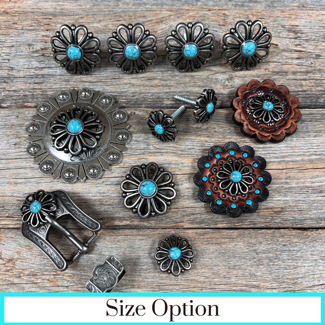 Antique Silver Turquoise Flower Western Concho W231