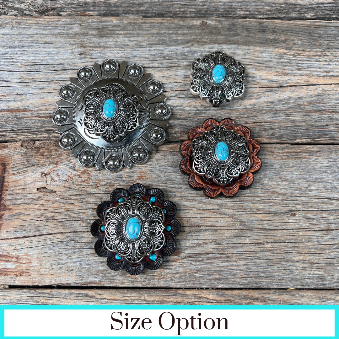 Antique Silver Filigree Floral Turquoise Western Concho W234