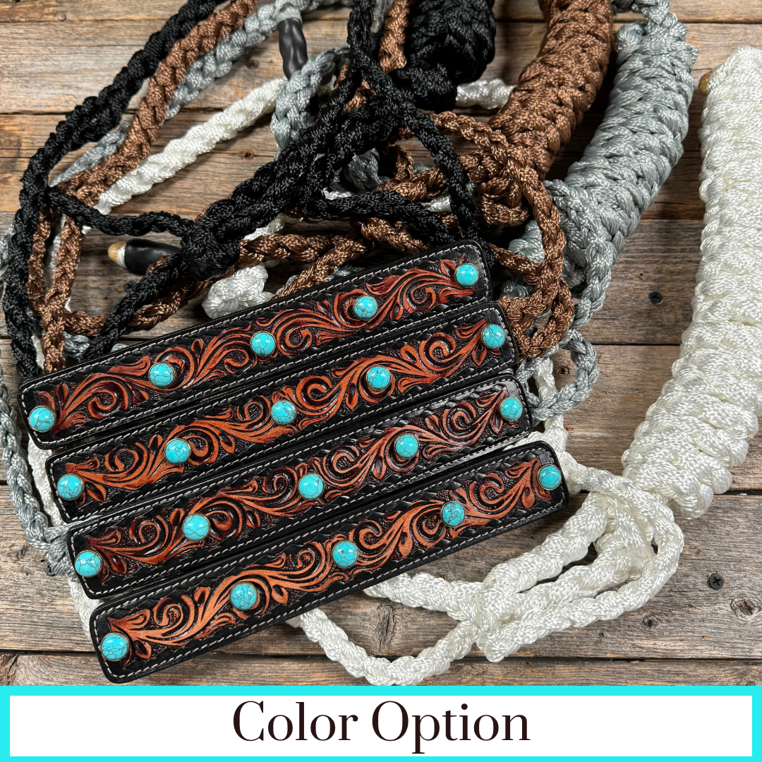 Mule Tape Halter - Leather Noseband and Round Turquoise Cabochon Conchos