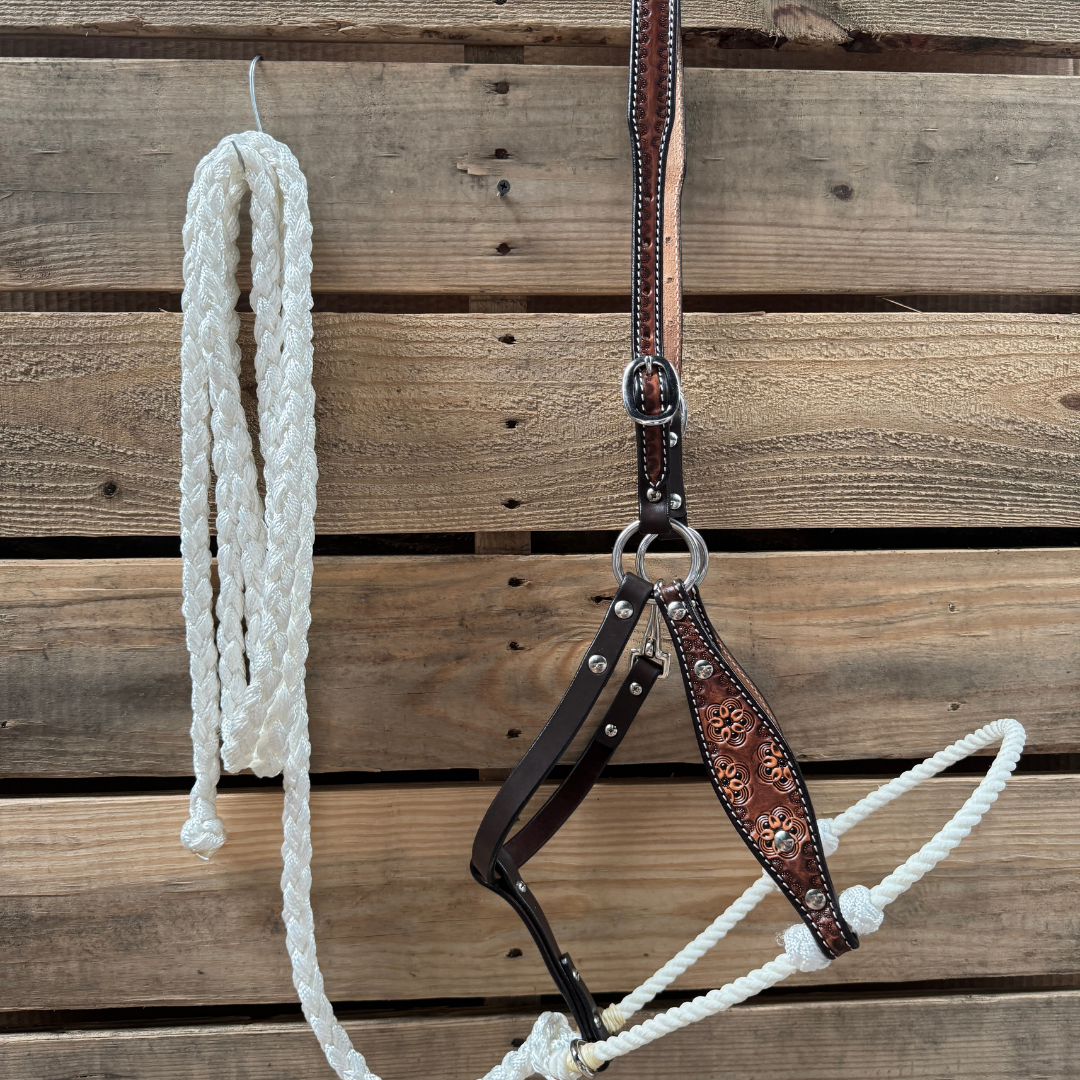 White Flower Power Tooled Lariat & Leather Combo Halter