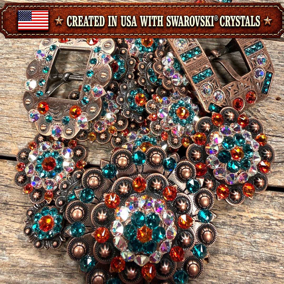 Copper Fire Opal - Teal - AB Crystal Conchos | Sizes 1"- 3" | Buckles | Saddle Set | Leather Rosettes | Slide