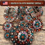 Copper Fire Opal - Teal - AB Crystal Conchos | Sizes 1"- 3" | Buckles | Saddle Set | Leather Rosettes | Slide