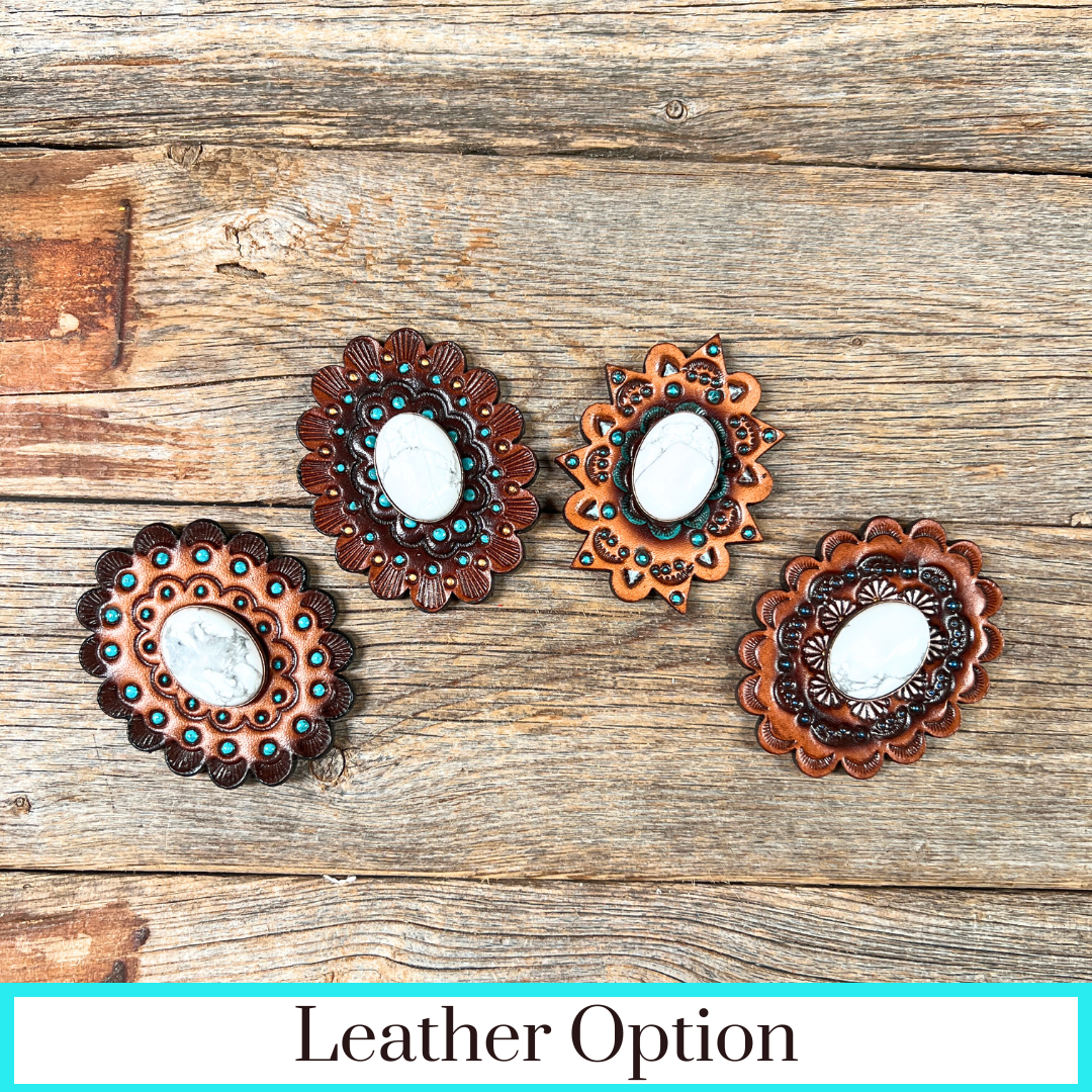 White Cabochon Stone - Leather Rosette Options -