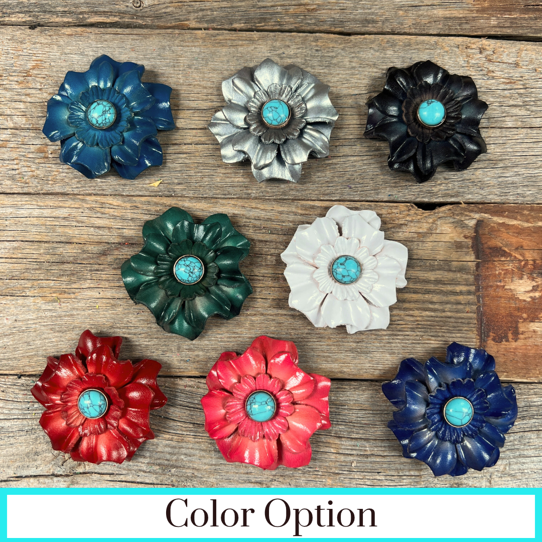 Hand Painted Leather Flowers - Carnations - Round Turquoise Cabochons