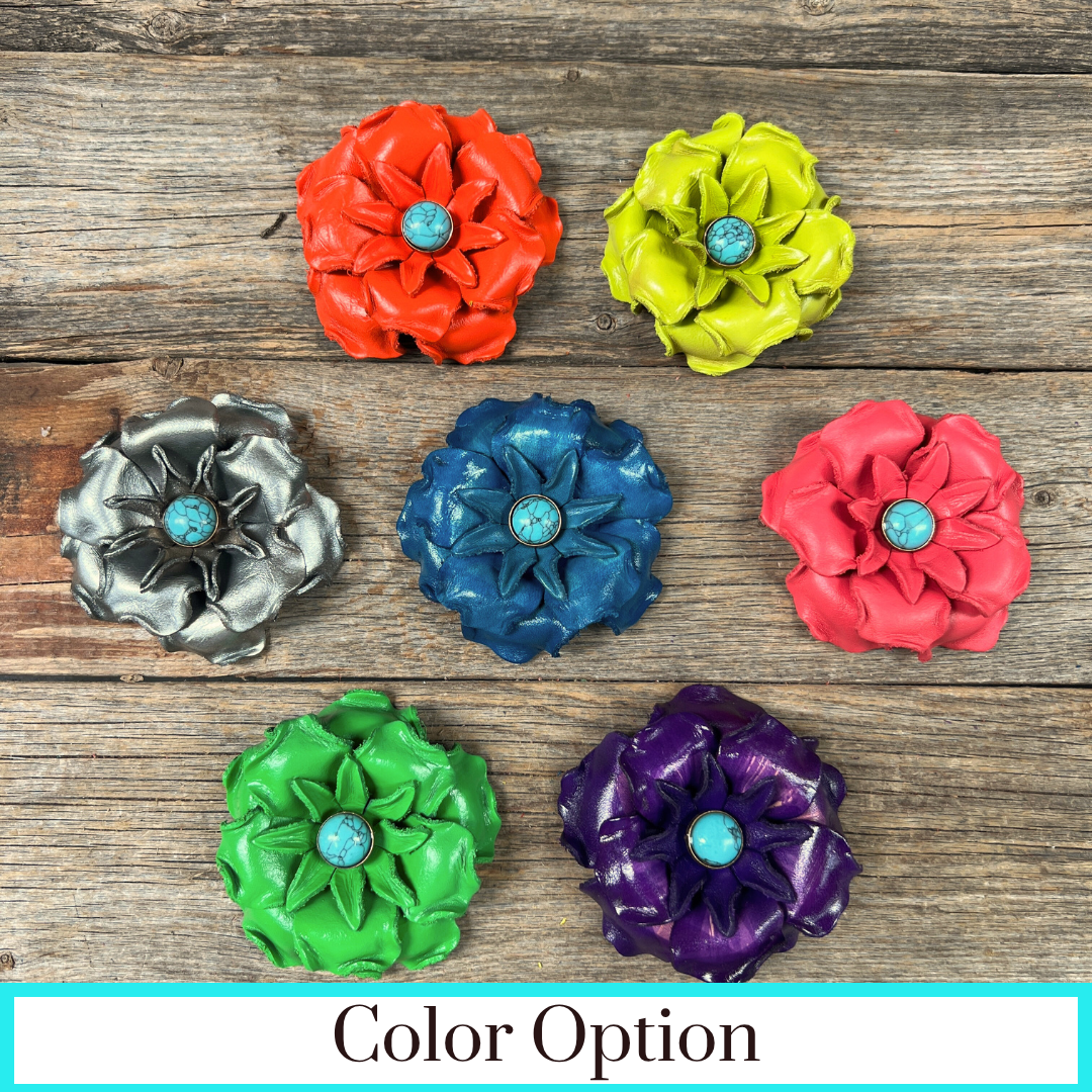 Hand Painted Leather Flowers - Gardenias - Round Turquoise Cabochons