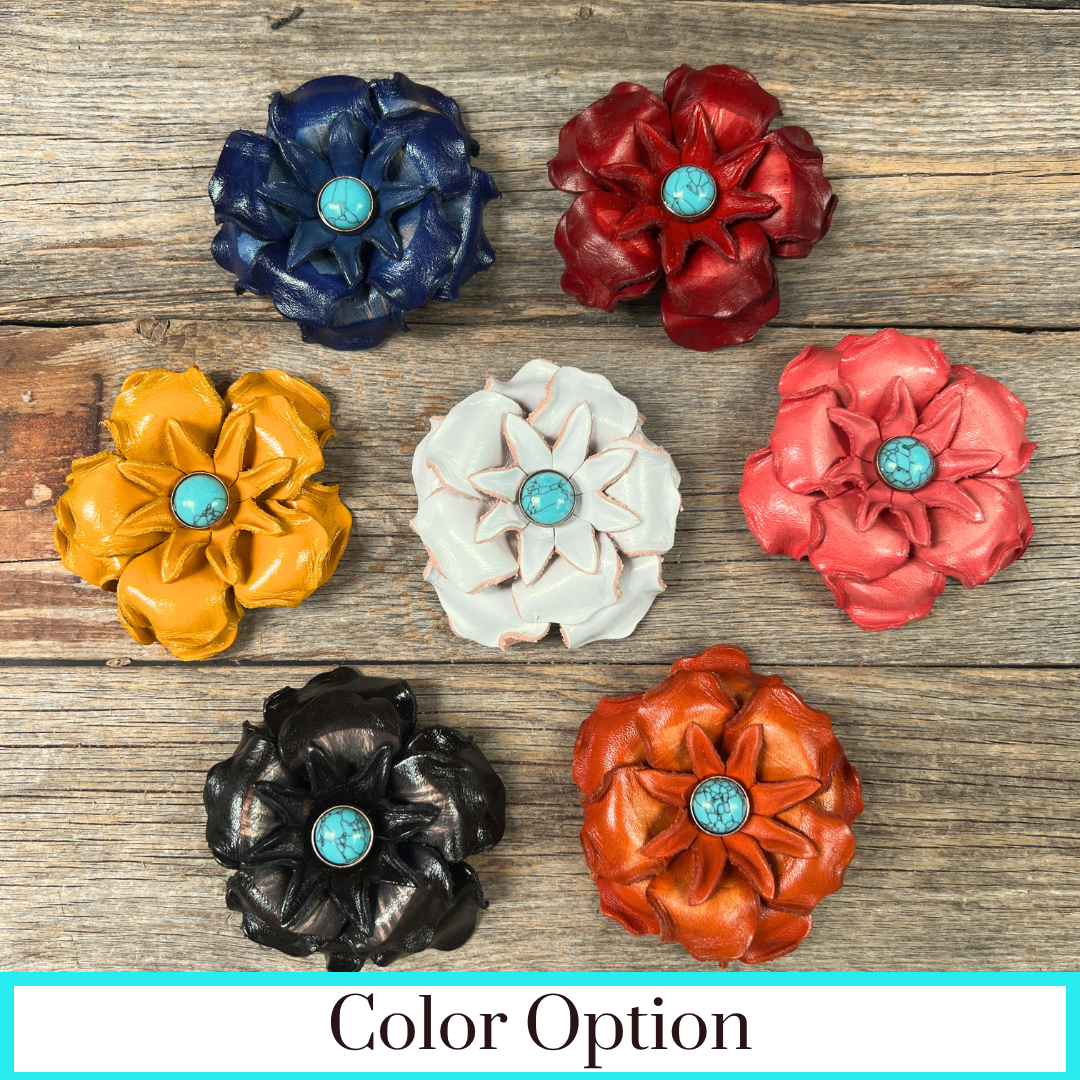 Hand Painted Leather Flowers - Gardenias - Round Turquoise Cabochons
