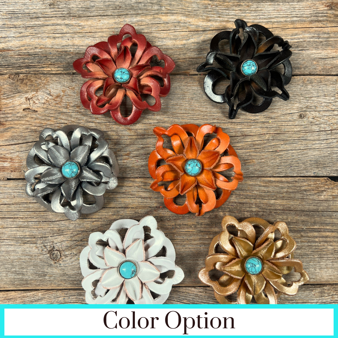 Hand Painted Leather Flowers - Lotus - Round Turquoise Cabochons