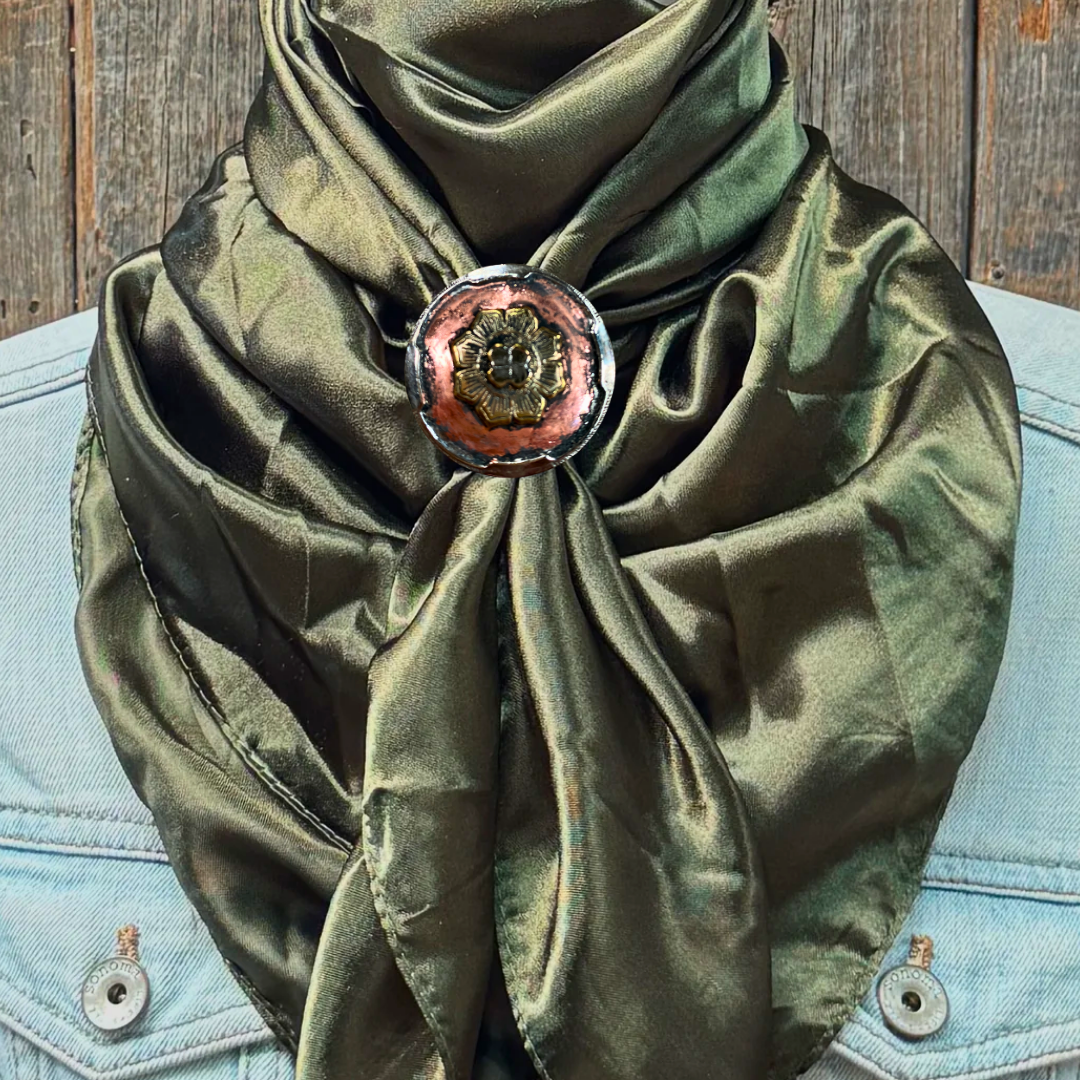 35X35" Solid Olive Wild Rag / Scarf WRS28 - Western Concho Wild Rag Slides - Assorted