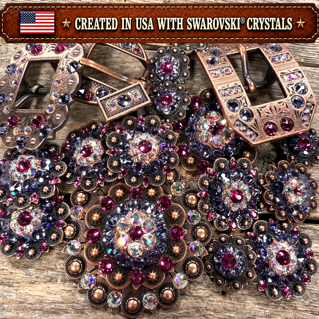 Copper Fuchsia - AB - Lilac Crystal Conchos | Sizes 1"- 3" | Buckles | Saddle Set | Leather Rosettes | Slide