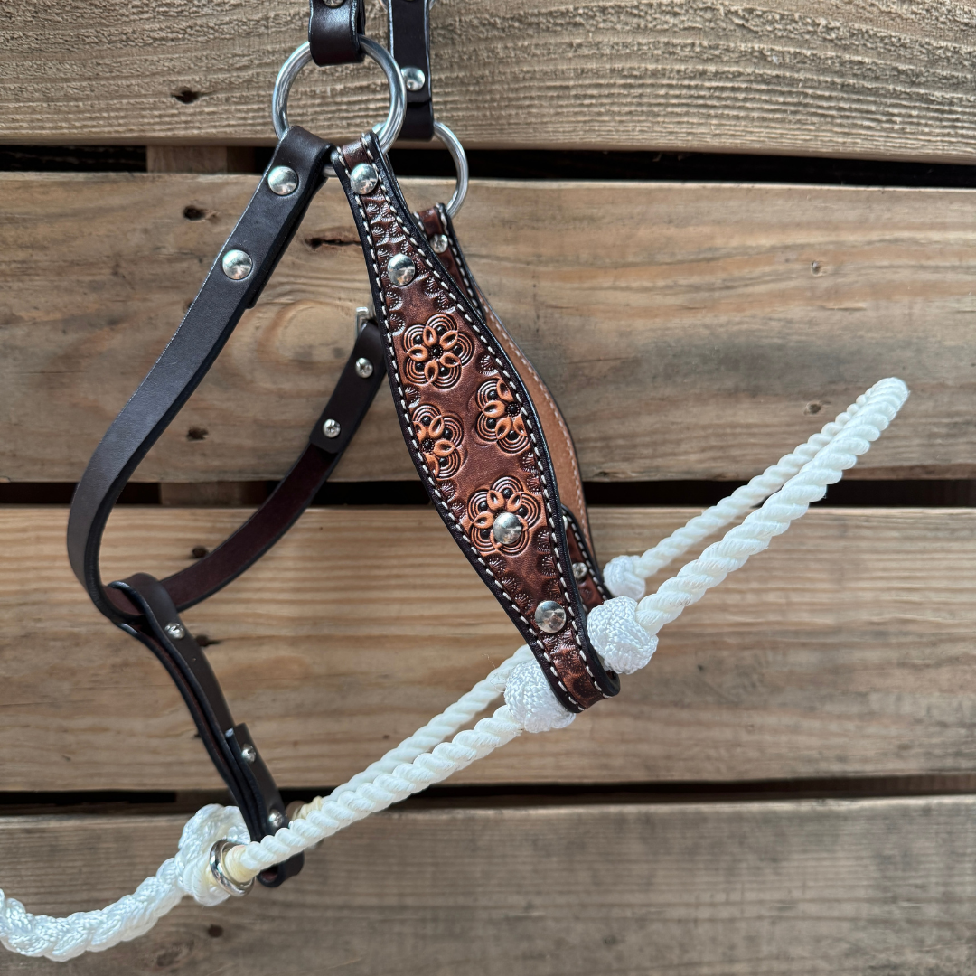 White Flower Power Tooled Lariat & Leather Combo Halter