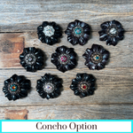 Black Carnations Leather Flowers - 1" Crystal Conchos - Options