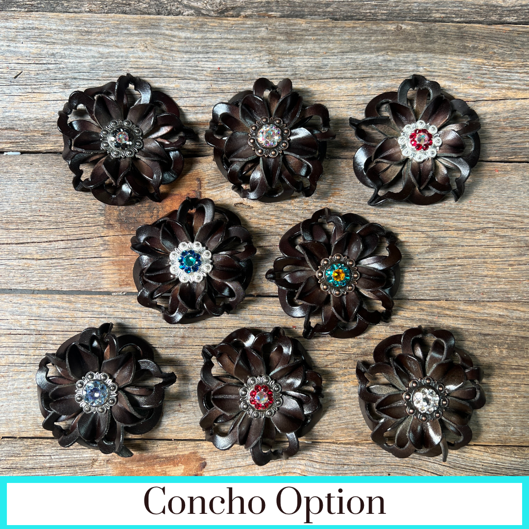Black Lotus Leather Flowers - 1" Crystal Conchos - Options