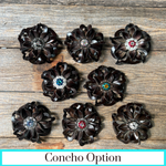 Black Lotus Leather Flowers - 1" Crystal Conchos - Options
