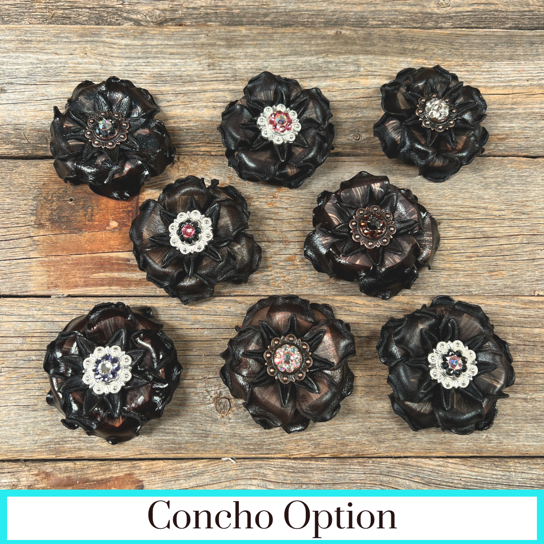 Black Gardenia Leather Flowers - 1" Crystal Conchos - Options