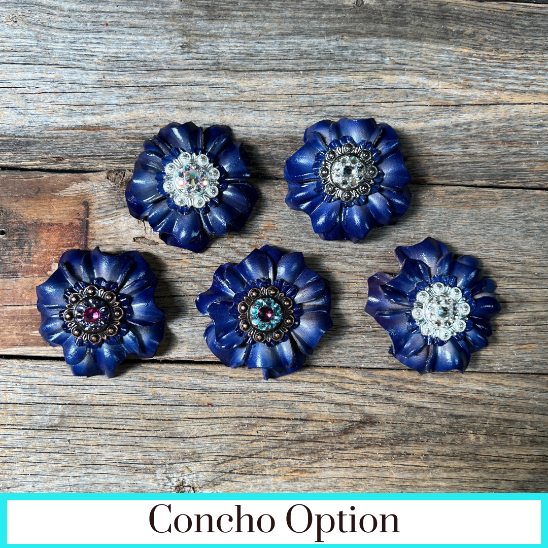 Blue Carnations Leather Flowers - 1" Crystal Conchos - Options