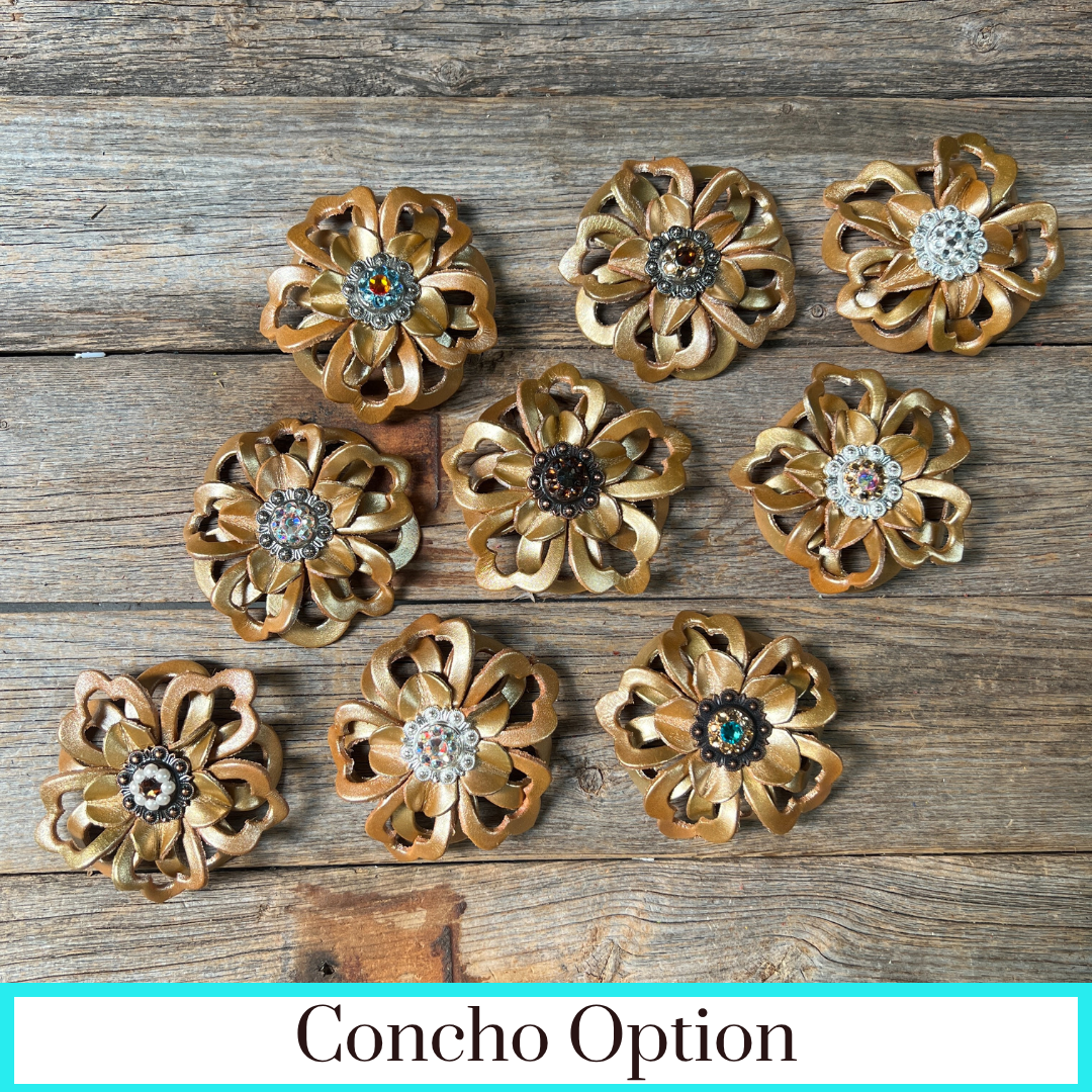Gold Lotus Leather Flowers - 1" Crystal Conchos - Options