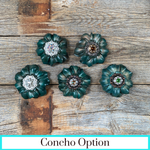 Green Carnations Leather Flowers - 1" Crystal Conchos - Options