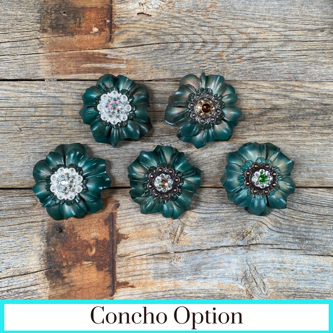 Green Carnations Leather Flowers - 1" Crystal Conchos - Options