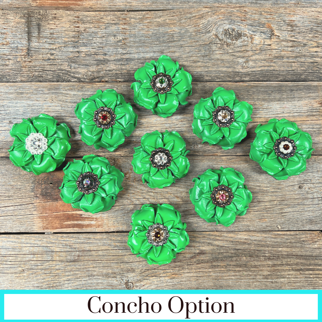 Green Gardenia Leather Flowers - 1" Crystal Conchos - Options