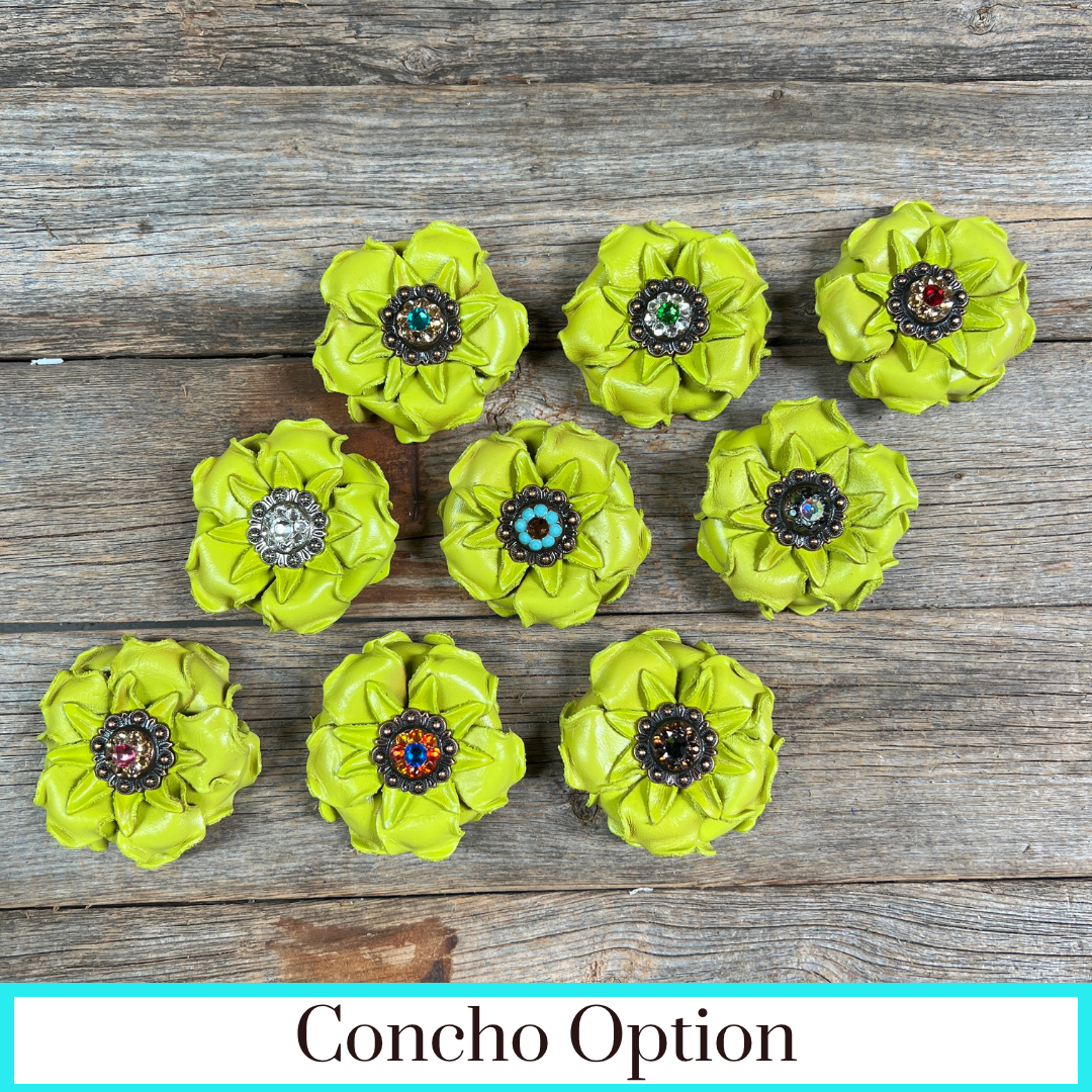 Lime Gardenia Leather Flowers - 1" Crystal Conchos - Options
