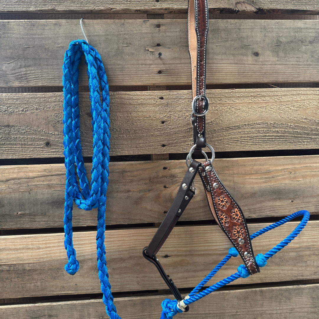 Blue Flower Power Tooled Lariat & Leather Combo Halter