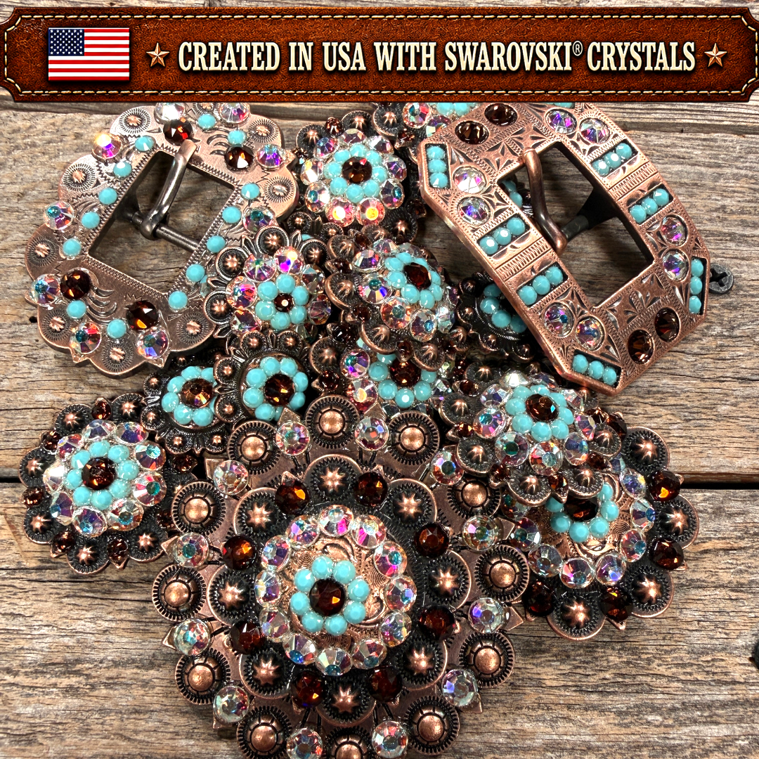 Copper Topaz - Turquoise - AB Crystal Conchos | Sizes 1"- 3" | Buckles | Saddle Set | Leather Rosettes | Slide