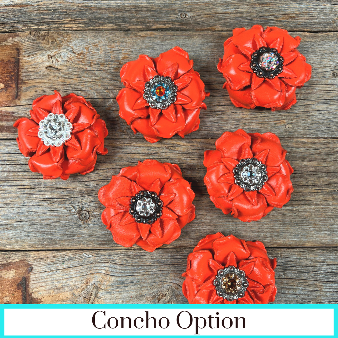 Bright Orange Gardenia Leather Flowers - 1" Crystal Conchos - Options