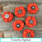 Bright Orange Gardenia Leather Flowers - 1" Crystal Conchos - Options