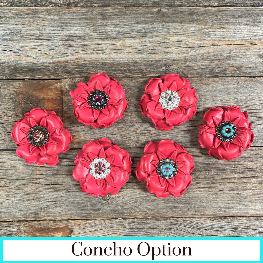 Bright Pink Gardenia Leather Flowers - 1" Crystal Conchos - Options