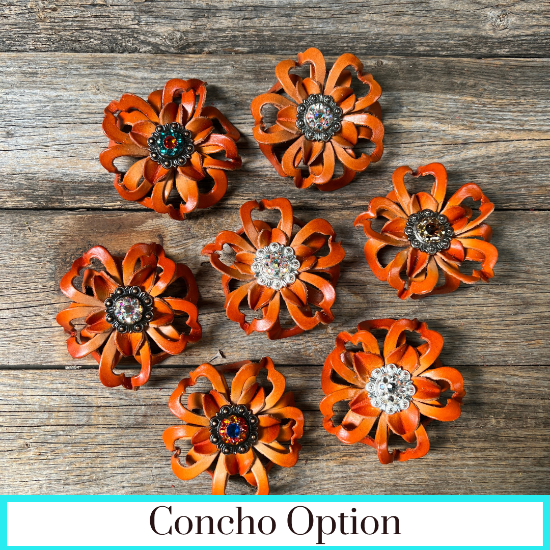 Orange Lotus Leather Flowers - 1" Crystal Conchos - Options
