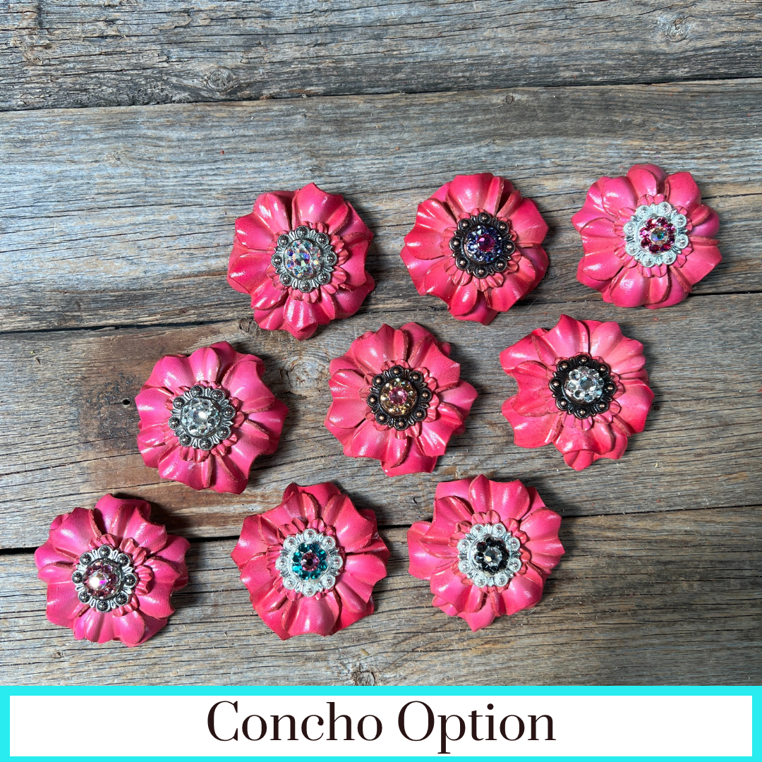 Pink Carnations Leather Flowers - 1" Crystal Conchos - Options