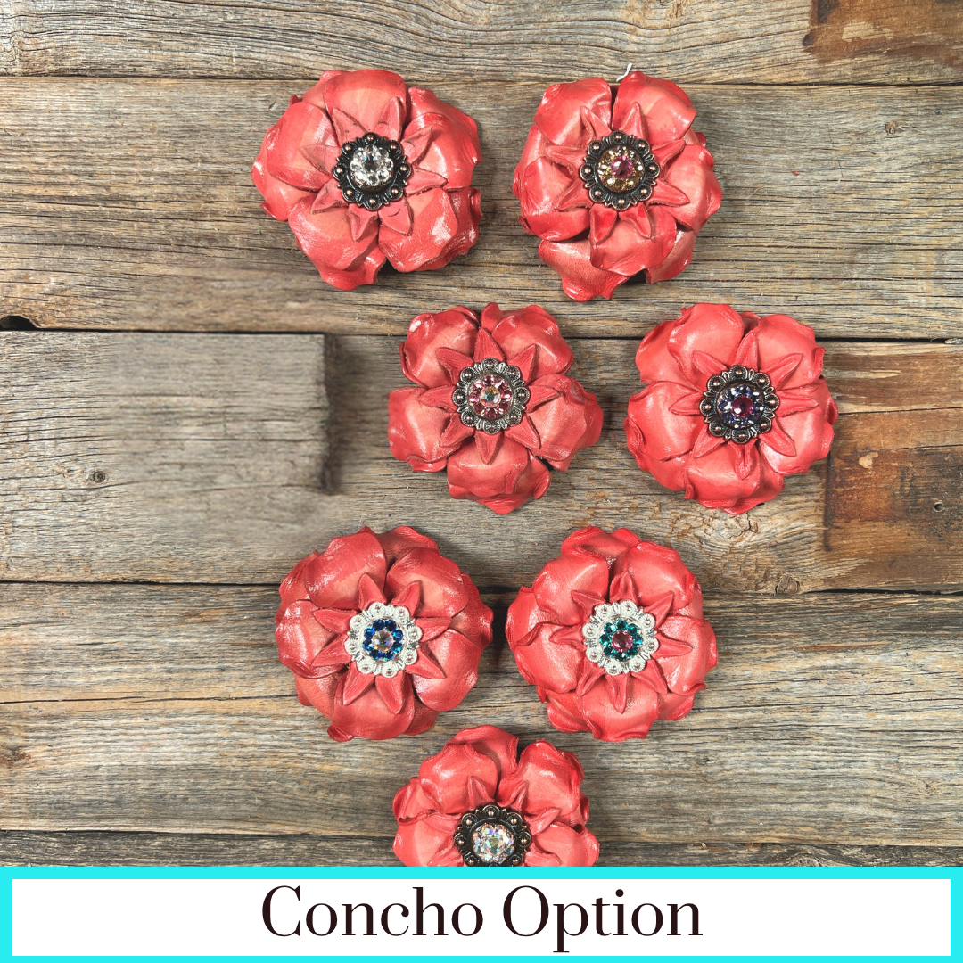 Pink Gardenia Leather Flowers - 1" Crystal Conchos - Options