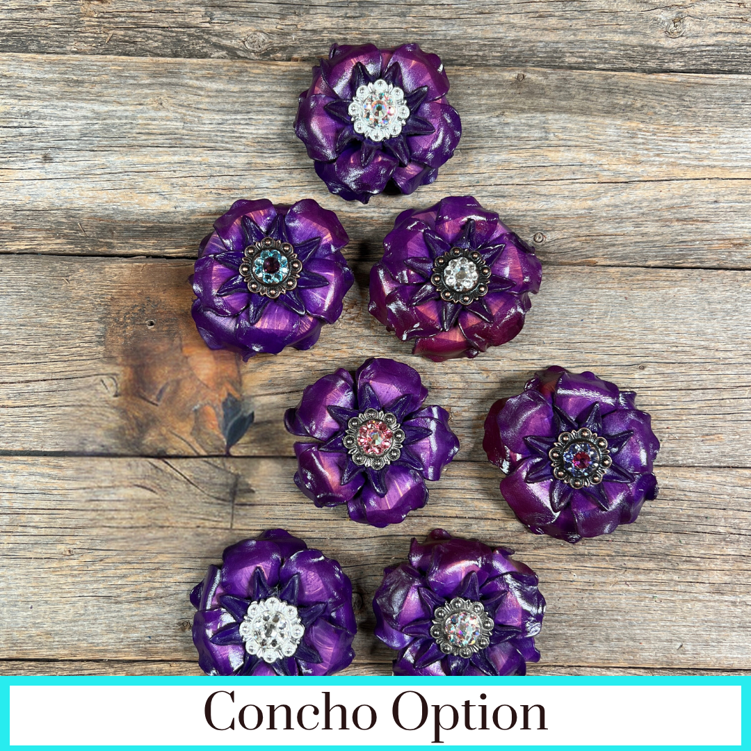 Purple Gardenia Leather Flowers - 1" Crystal Conchos - Options