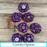 Purple Gardenia Leather Flowers - 1" Crystal Conchos - Options
