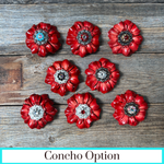 Red Carnations Leather Flowers - 1" Crystal Conchos - Options