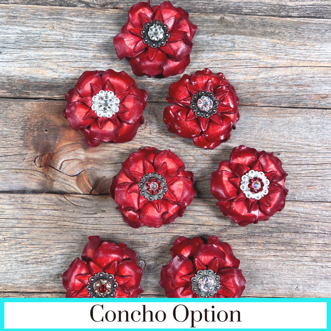 Red Gardenia Leather Flowers - 1" Crystal Conchos - Options