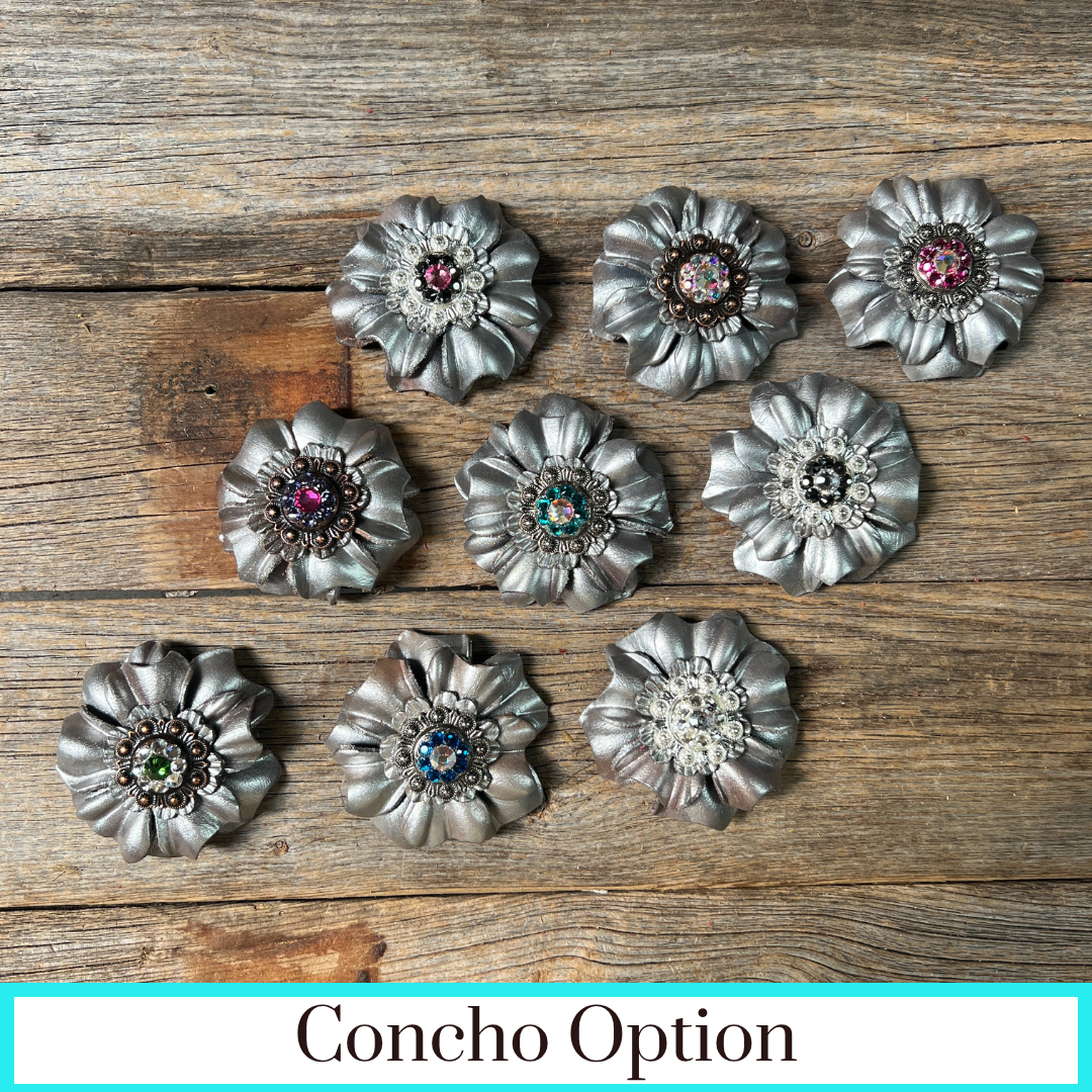 Silver Carnations Leather Flowers - 1" Crystal Conchos - Options